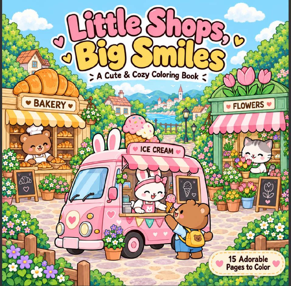 Little Shops, Big Smiles – A Cute & Cozy Coloring Book cover